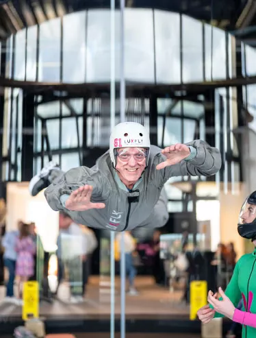 A senior flying in the LUXFLY wind tunnel